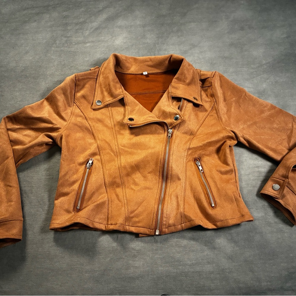 Women's Tan Faux Suede Motorcycle Jacket - Picture 4 of 8